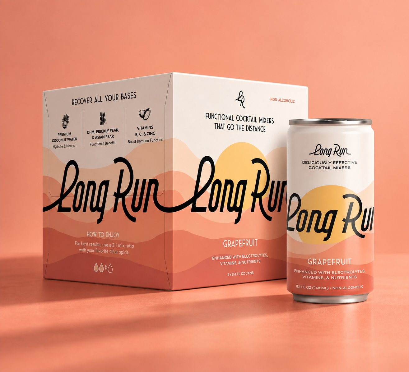 A Long Run functional cocktail mixer can and its matching retail box, both in grapefruit flavor, displayed on a peach-colored surface against a matching peach background.
