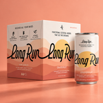A Long Run functional cocktail mixer can and its matching retail box, both in grapefruit flavor, displayed on a peach-colored surface against a matching peach background.