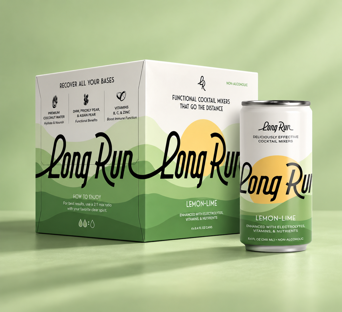 A Long Run functional cocktail mixer product shown with its retail box and a single can on a soft green studio background. The packaging is white and green with a yellow sun graphic and large script branding.