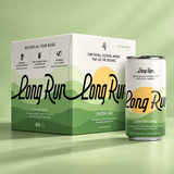 A Long Run functional cocktail mixer product shown with its retail box and a single can on a soft green studio background. The packaging is white and green with a yellow sun graphic and large script branding.